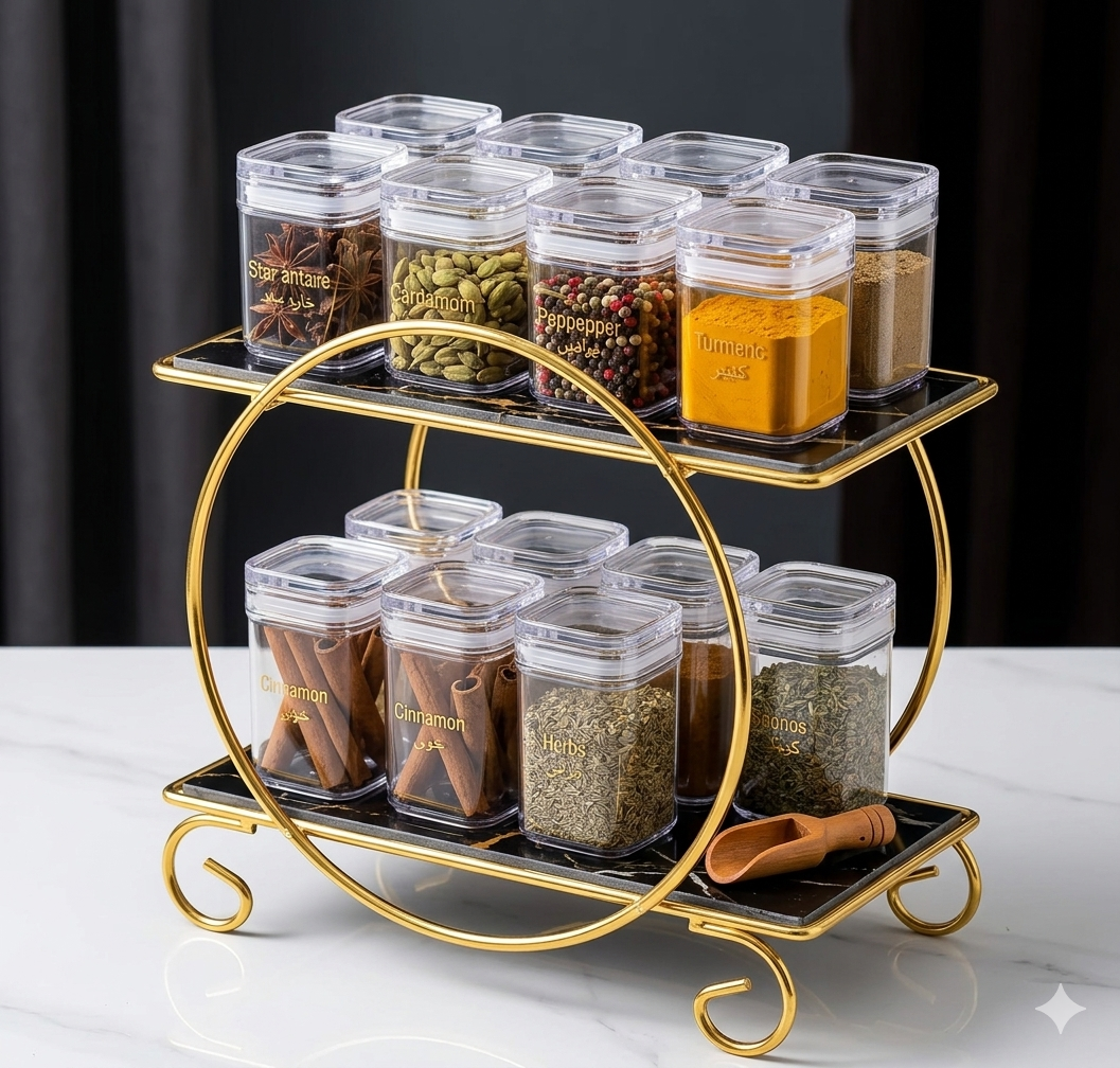 Golden metal arch spice rack organizer for kitchen countertop and luxury home decor.