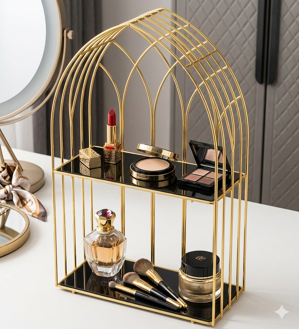 Luxury gold birdcage makeup organizer and premium perfume display rack for dressing table vanity.