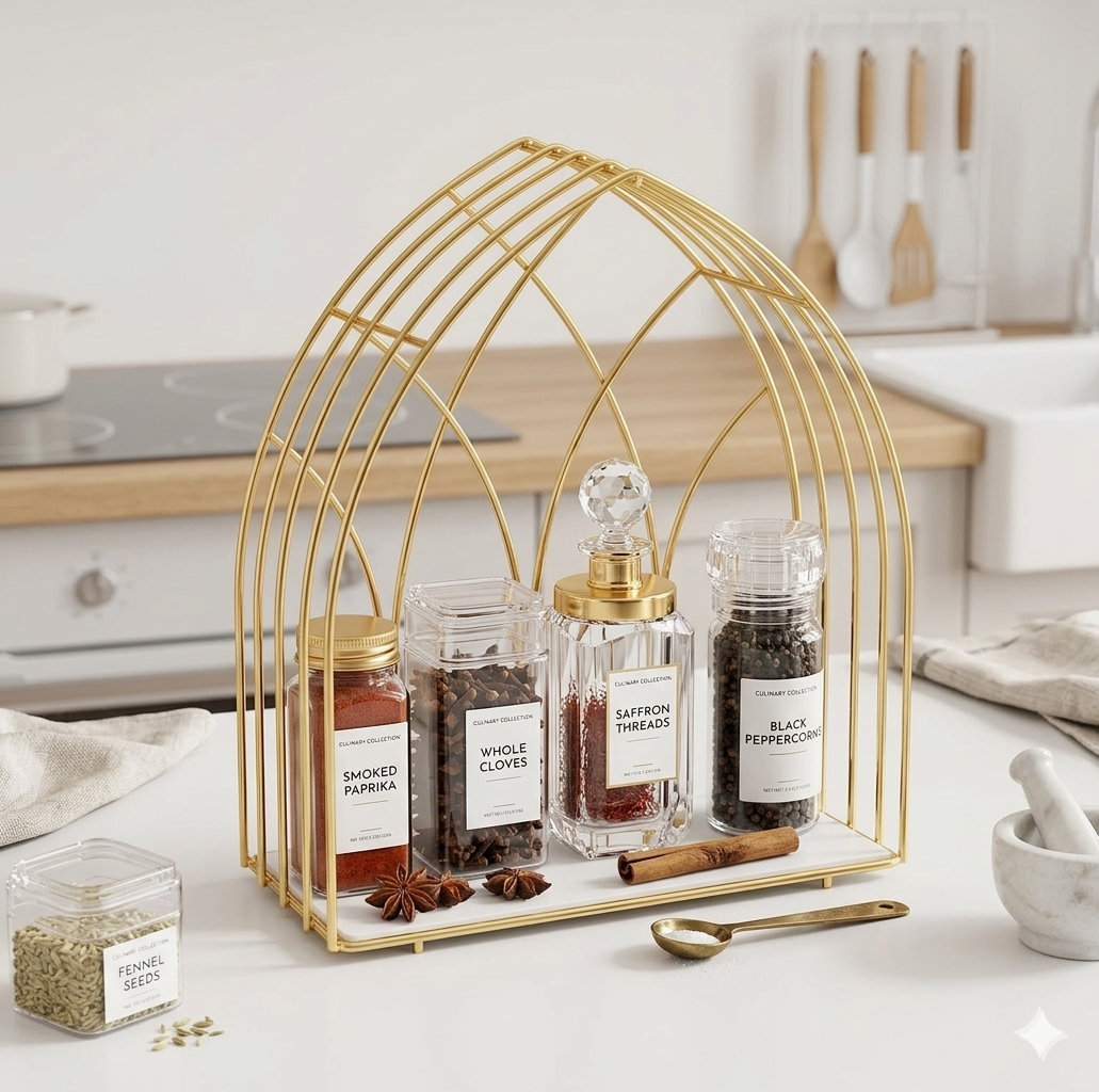 Golden metal arch spice rack organizer for kitchen countertop and luxury home decor.
