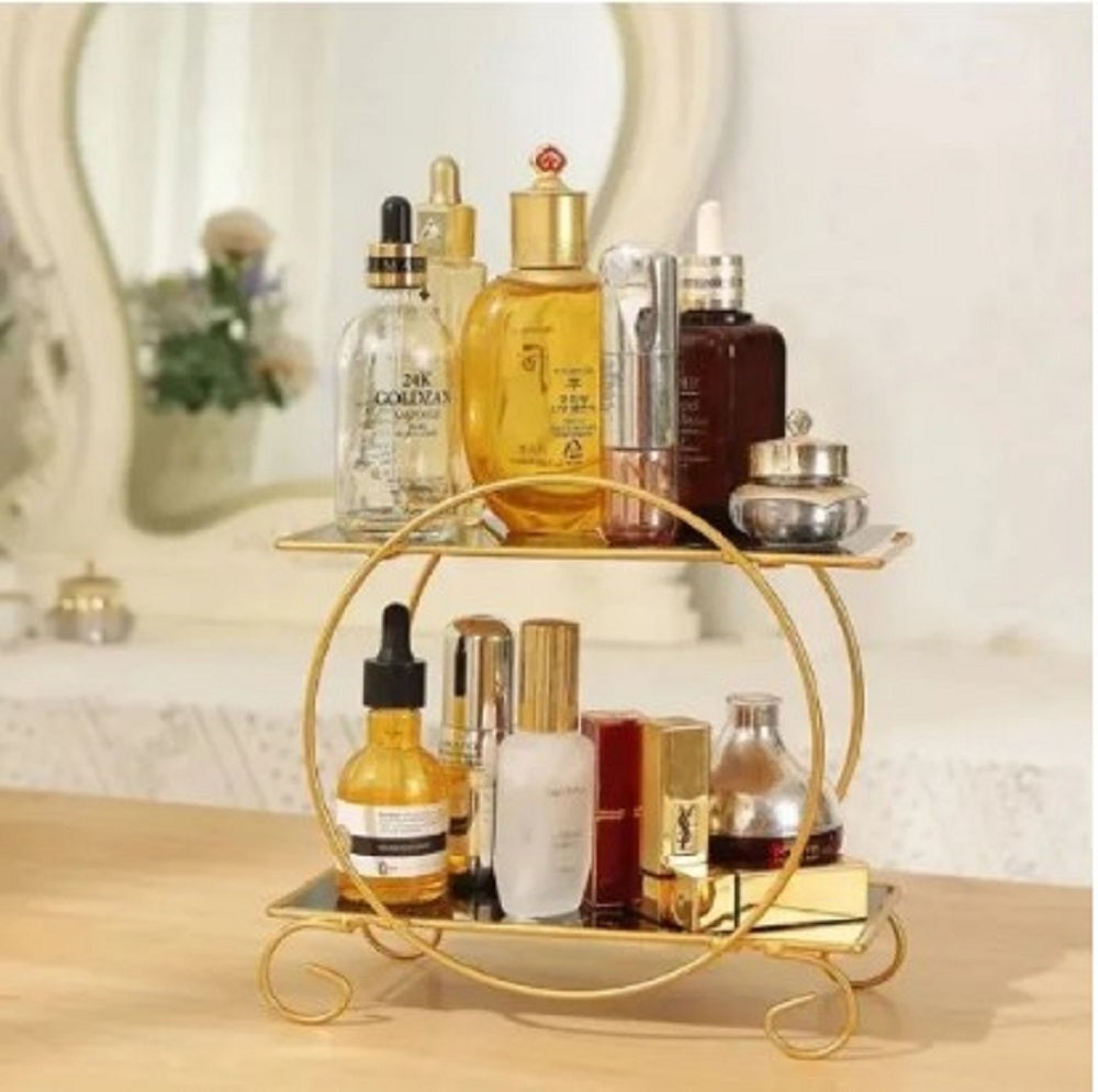 Luxury 2-tier gold dessert display stand and perfume organizer rack for home decor.