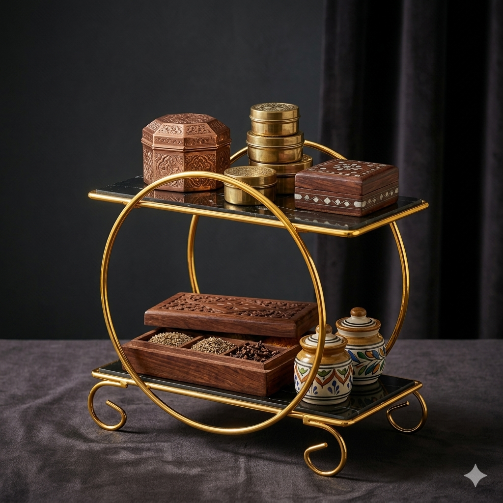 Luxury 2-tier gold dessert display stand and perfume organizer rack for home decor.